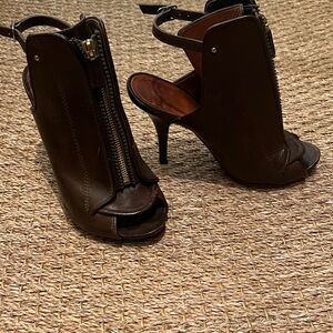 Givenchy Dark Brown Peep-Toe Heels with gold zip